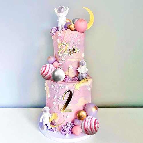 LaVenty Pink Space Cake Toppers – Mini Astronaut Figures and Decorative Balls for Outer Space Theme Parties