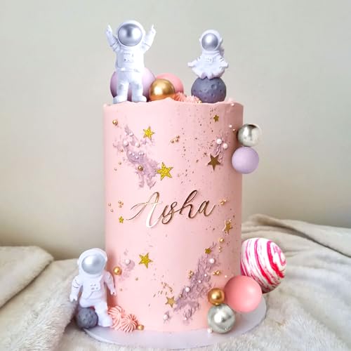 LaVenty Pink Space Cake Toppers – Mini Astronaut Figures and Decorative Balls for Outer Space Theme Parties
