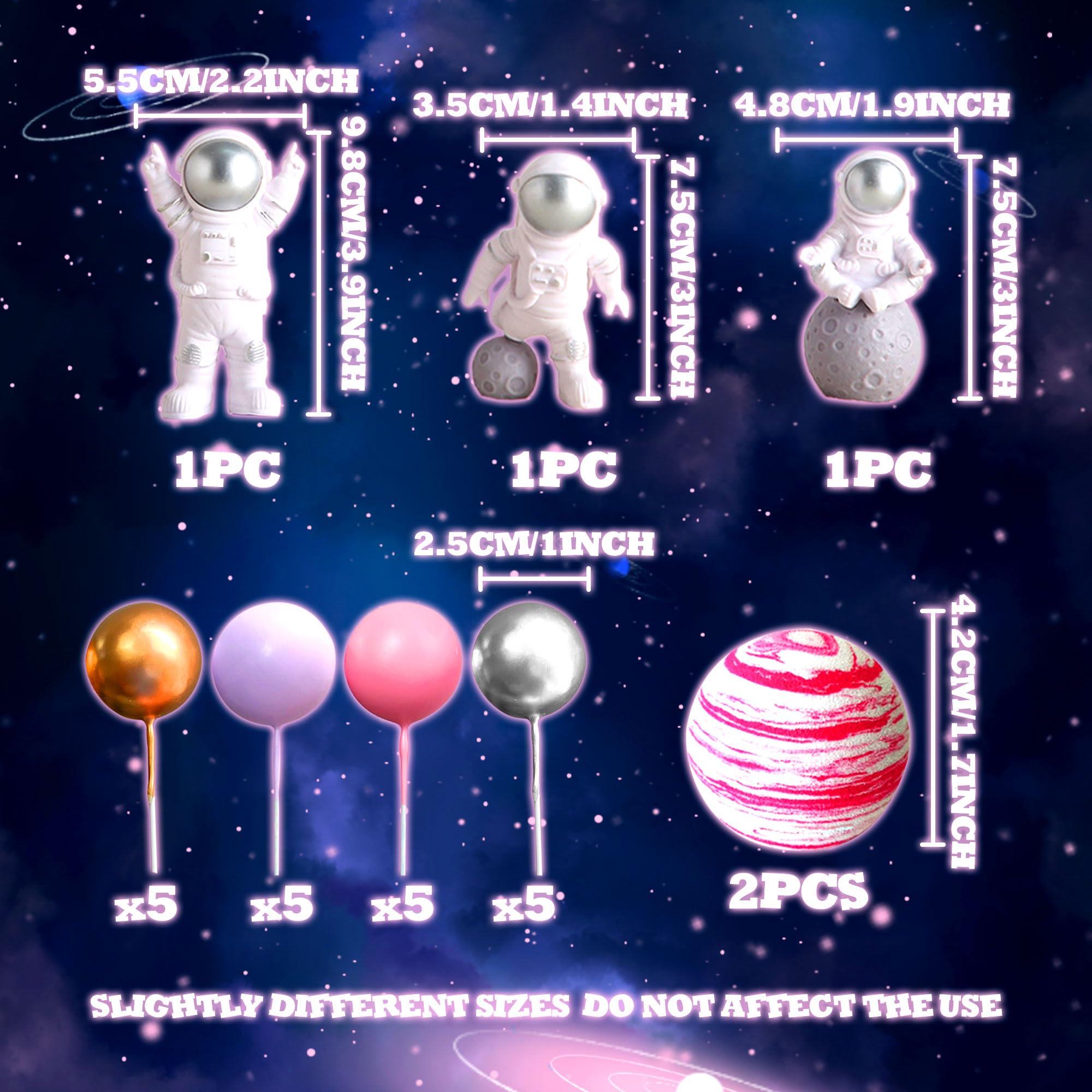 LaVenty Pink Space Cake Toppers – Mini Astronaut Figures and Decorative Balls for Outer Space Theme Parties