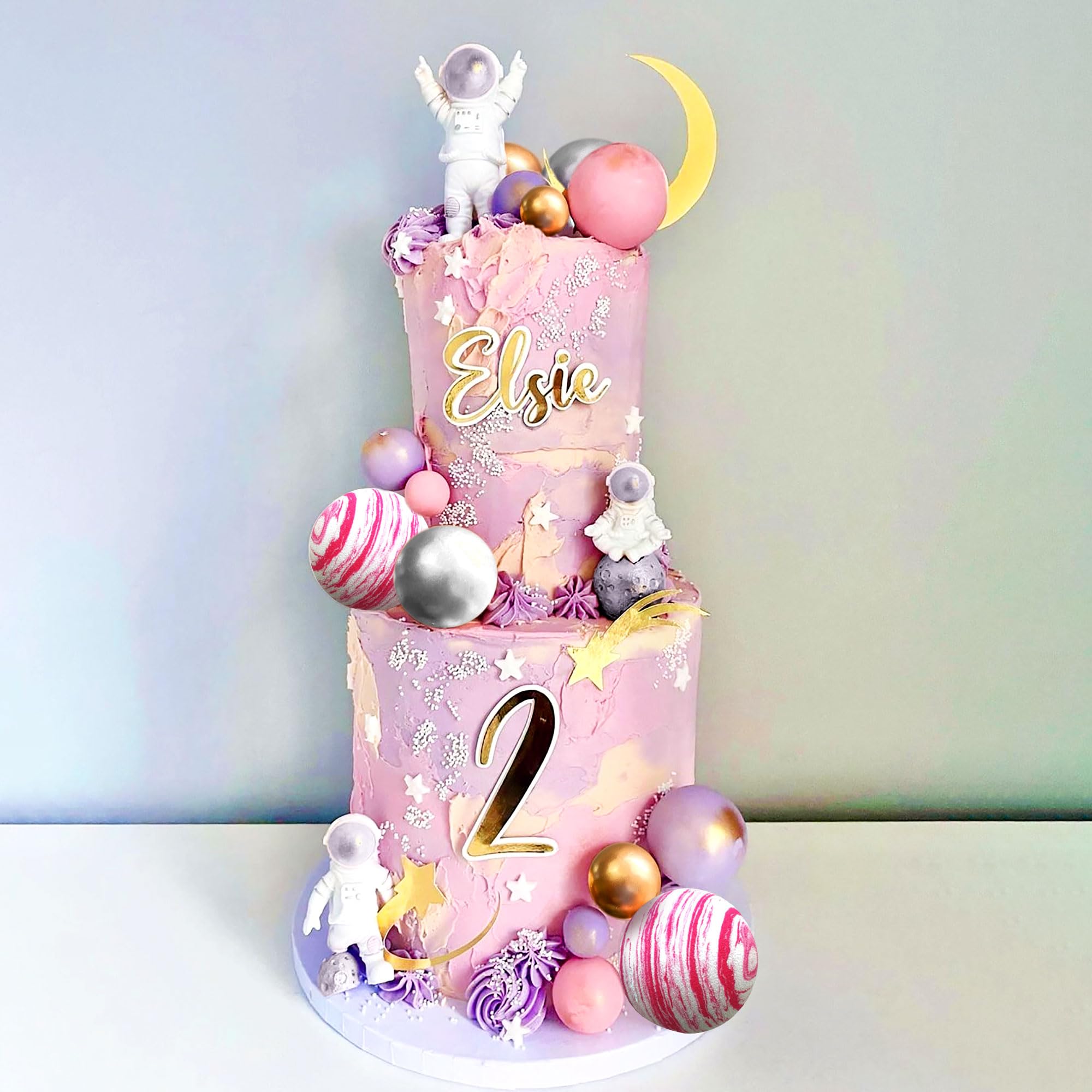 LaVenty Pink Space Cake Toppers – Mini Astronaut Figures and Decorative Balls for Outer Space Theme Parties