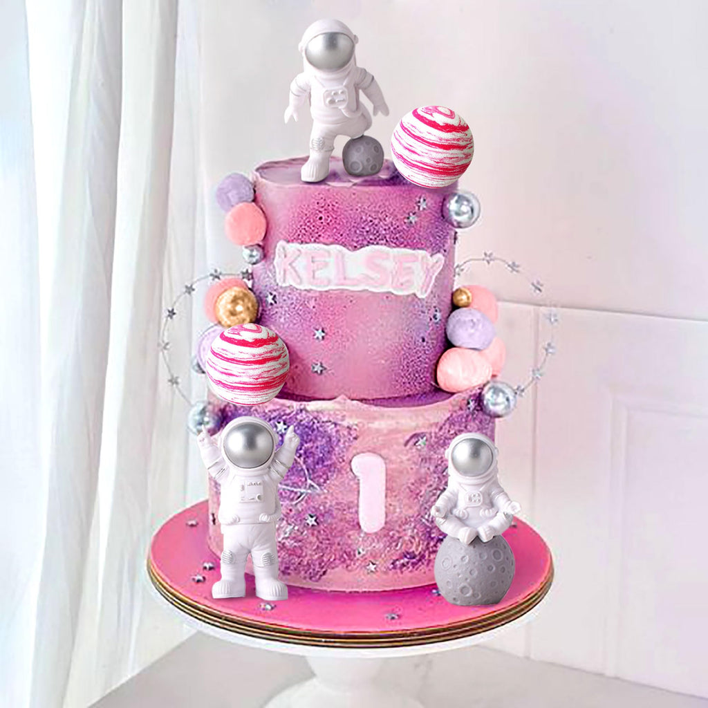 LaVenty Pink Space Cake Toppers – Mini Astronaut Figures and Decorative Balls for Outer Space Theme Parties