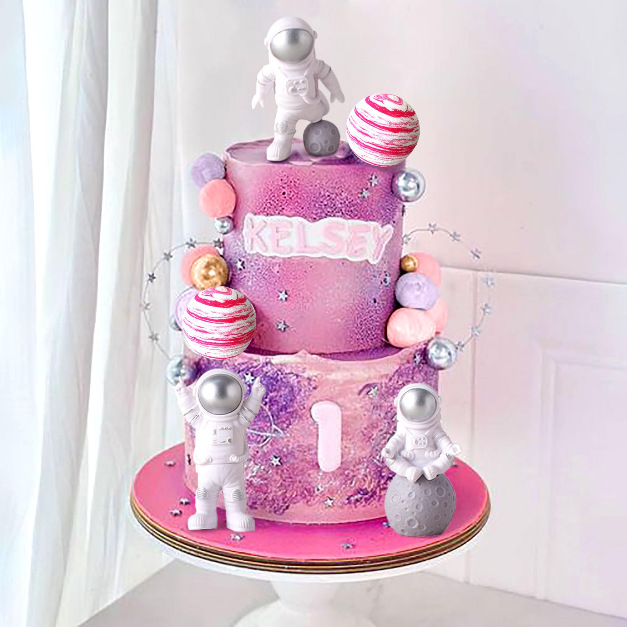 LaVenty Pink Space Cake Toppers – Mini Astronaut Figures and Decorative Balls for Outer Space Theme Parties