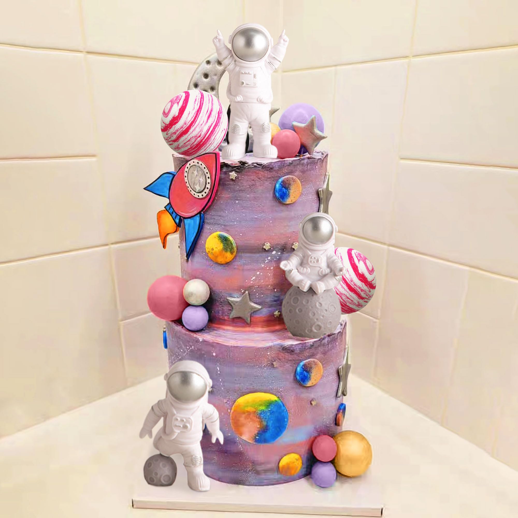 LaVenty Pink Space Cake Toppers – Mini Astronaut Figures and Decorative Balls for Outer Space Theme Parties