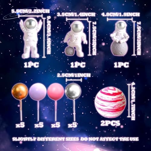 LaVenty Pink Space Cake Toppers – Mini Astronaut Figures and Decorative Balls for Outer Space Theme Parties