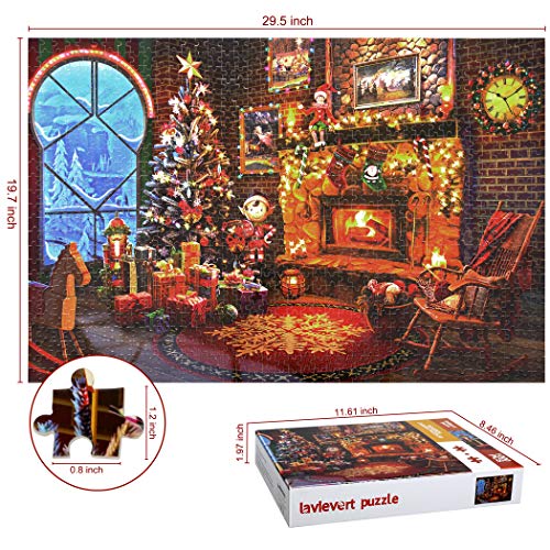 Lavievert 1000 Piece Wooden Jigsaw Puzzle - Christmas Fireplace Scene, 29.5x19.7 Inches