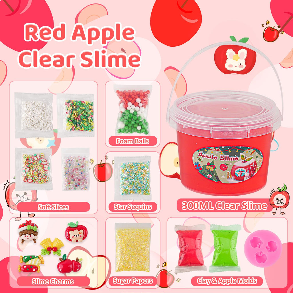 LAWOHO 300ml Apple Clear Slime Kit with Clay and 10 Add-Ins – Non-Stick DIY Slime for Kids Party Favors