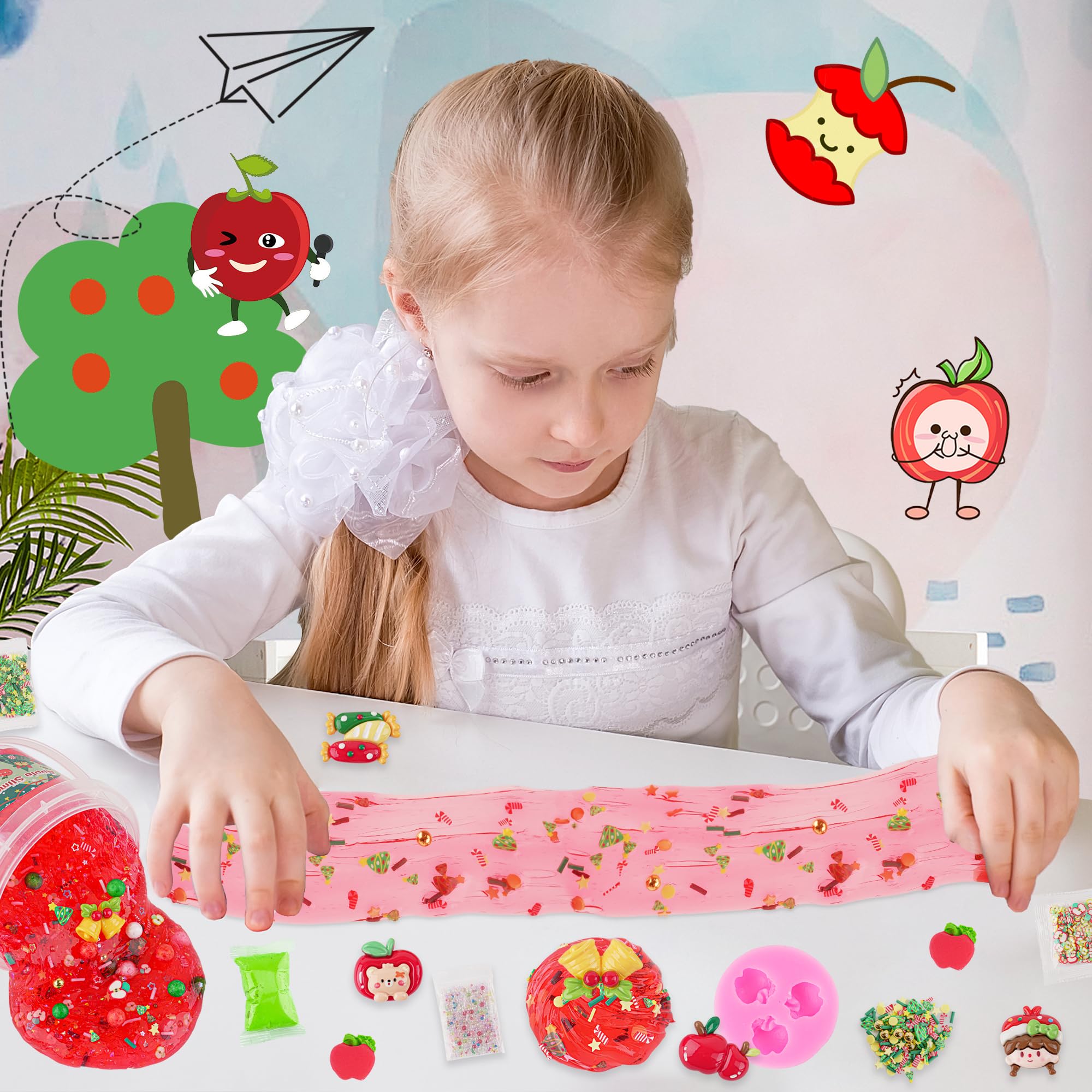 LAWOHO 300ml Apple Clear Slime Kit with Clay and 10 Add-Ins – Non-Stick DIY Slime for Kids Party Favors