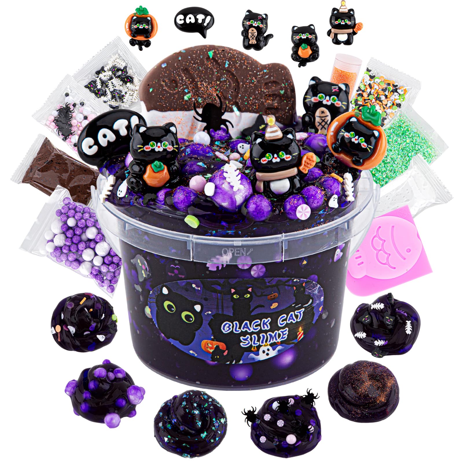 LAWOHO 300ml Black Cat Slime Kit – Dark Purple Clear Slime with Clay, Add-Ins, and Charms for DIY Butter Slime