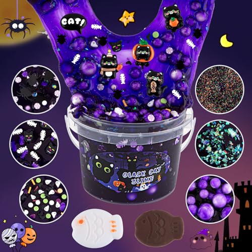 LAWOHO 300ml Black Cat Slime Kit – Dark Purple Clear Slime with Clay, Add-Ins, and Charms for DIY Butter Slime