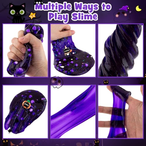 LAWOHO 300ml Black Cat Slime Kit – Dark Purple Clear Slime with Clay, Add-Ins, and Charms for DIY Butter Slime