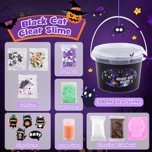 LAWOHO 300ml Black Cat Slime Kit – Dark Purple Clear Slime with Clay, Add-Ins, and Charms for DIY Butter Slime