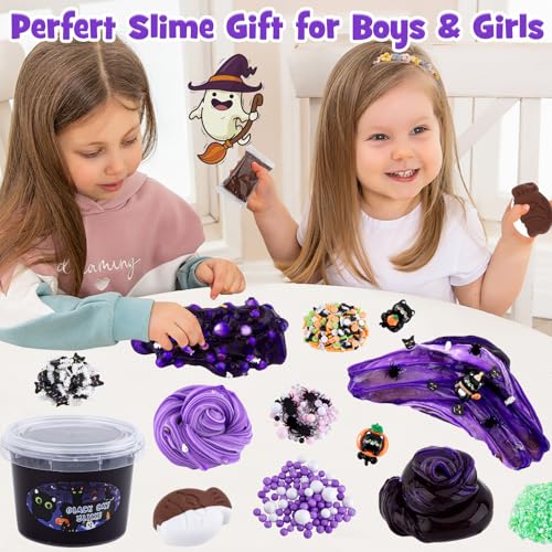 LAWOHO 300ml Black Cat Slime Kit – Dark Purple Clear Slime with Clay, Add-Ins, and Charms for DIY Butter Slime