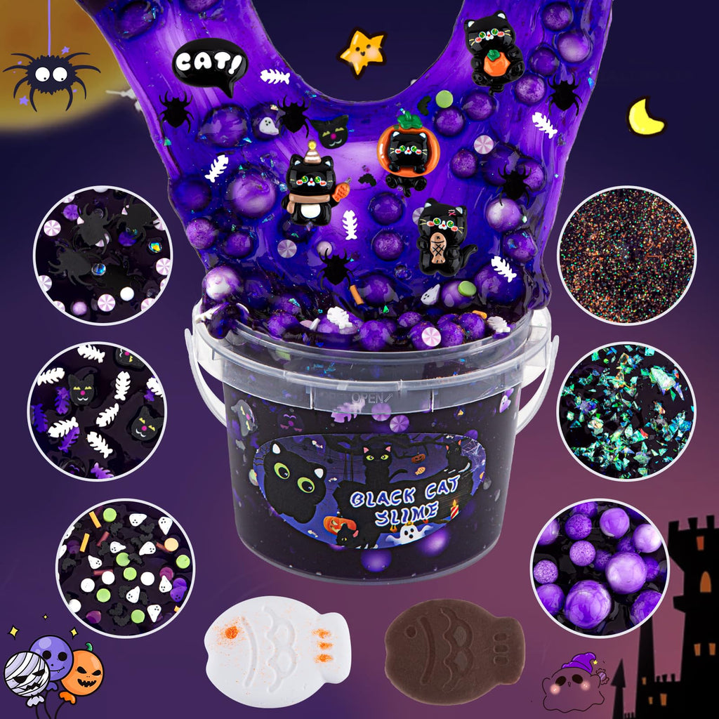 LAWOHO 300ml Black Cat Slime Kit – Dark Purple Clear Slime with Clay, Add-Ins, and Charms for DIY Butter Slime
