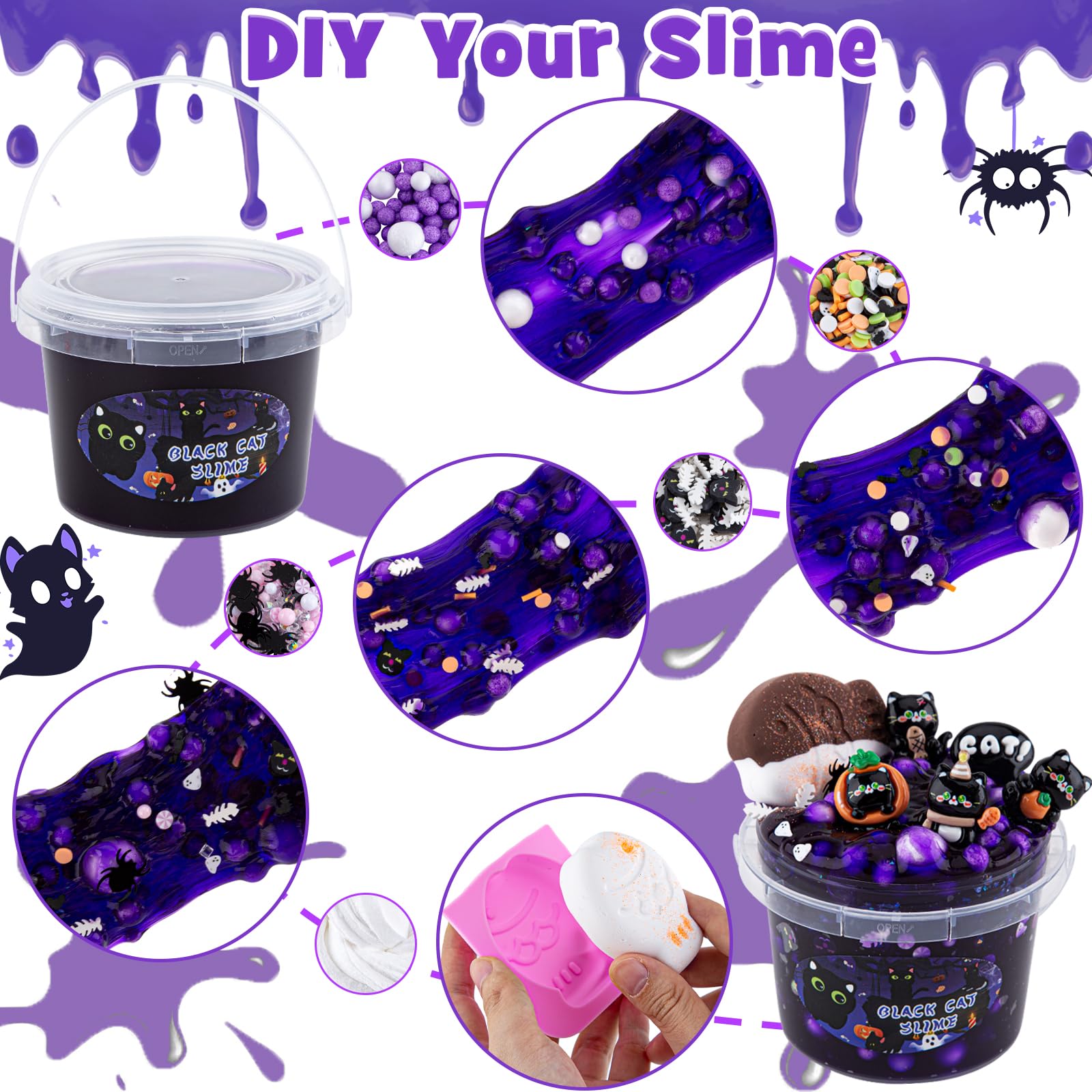 LAWOHO 300ml Black Cat Slime Kit – Dark Purple Clear Slime with Clay, Add-Ins, and Charms for DIY Butter Slime