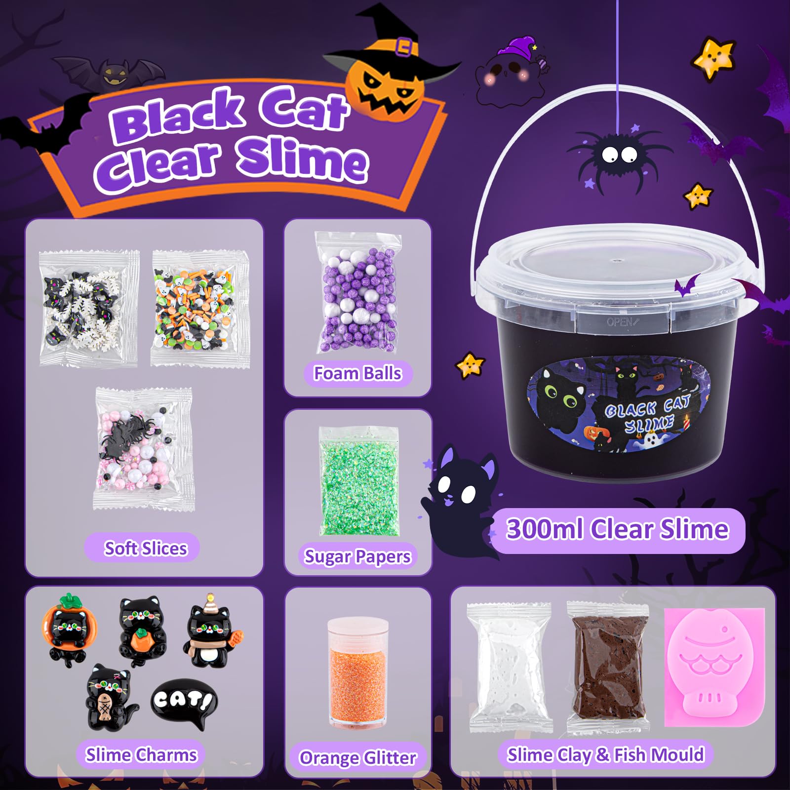 LAWOHO 300ml Black Cat Slime Kit – Dark Purple Clear Slime with Clay, Add-Ins, and Charms for DIY Butter Slime