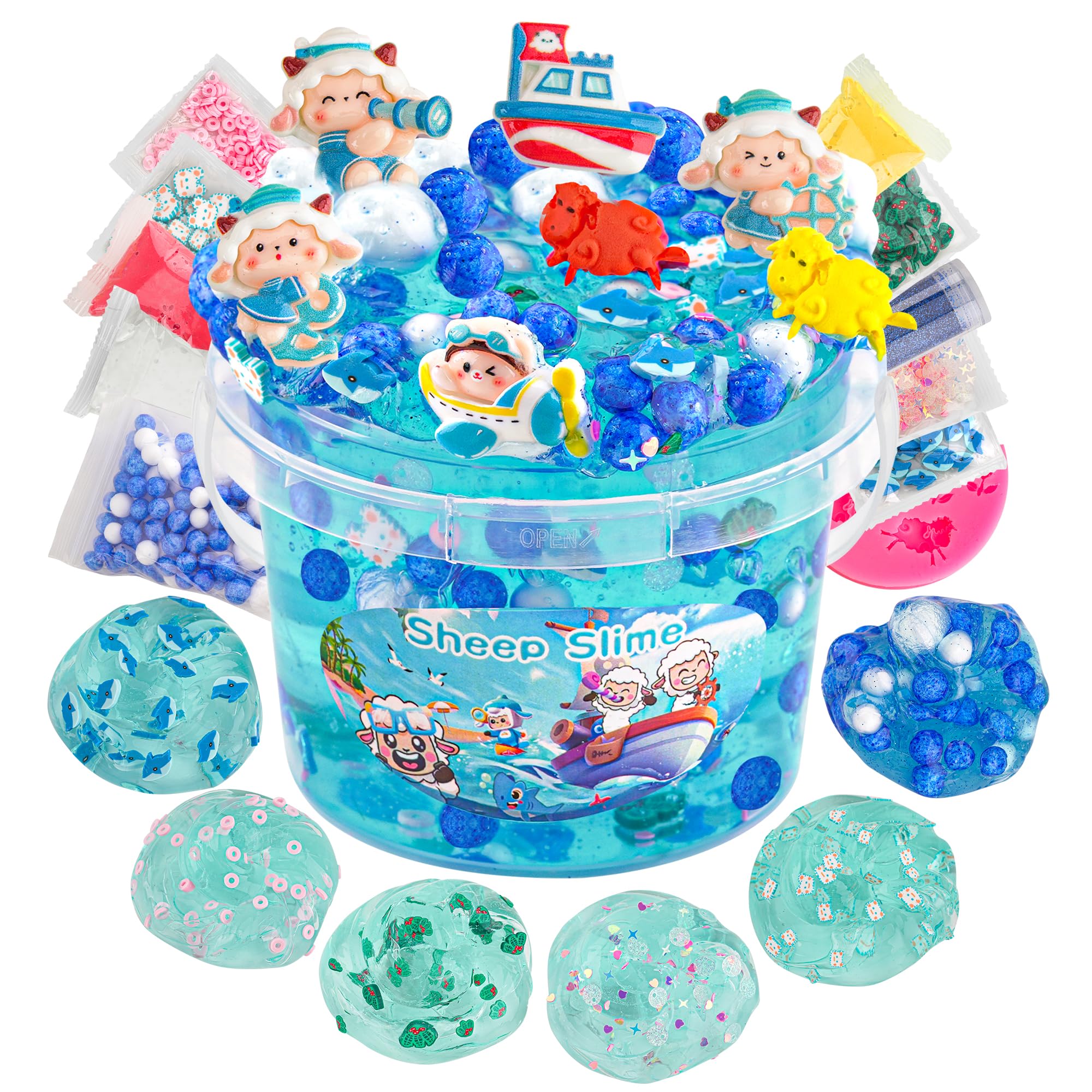 LAWOHO 300ml Ocean Clear Slime Kit with Clay and 11 Add-Ins for Kids