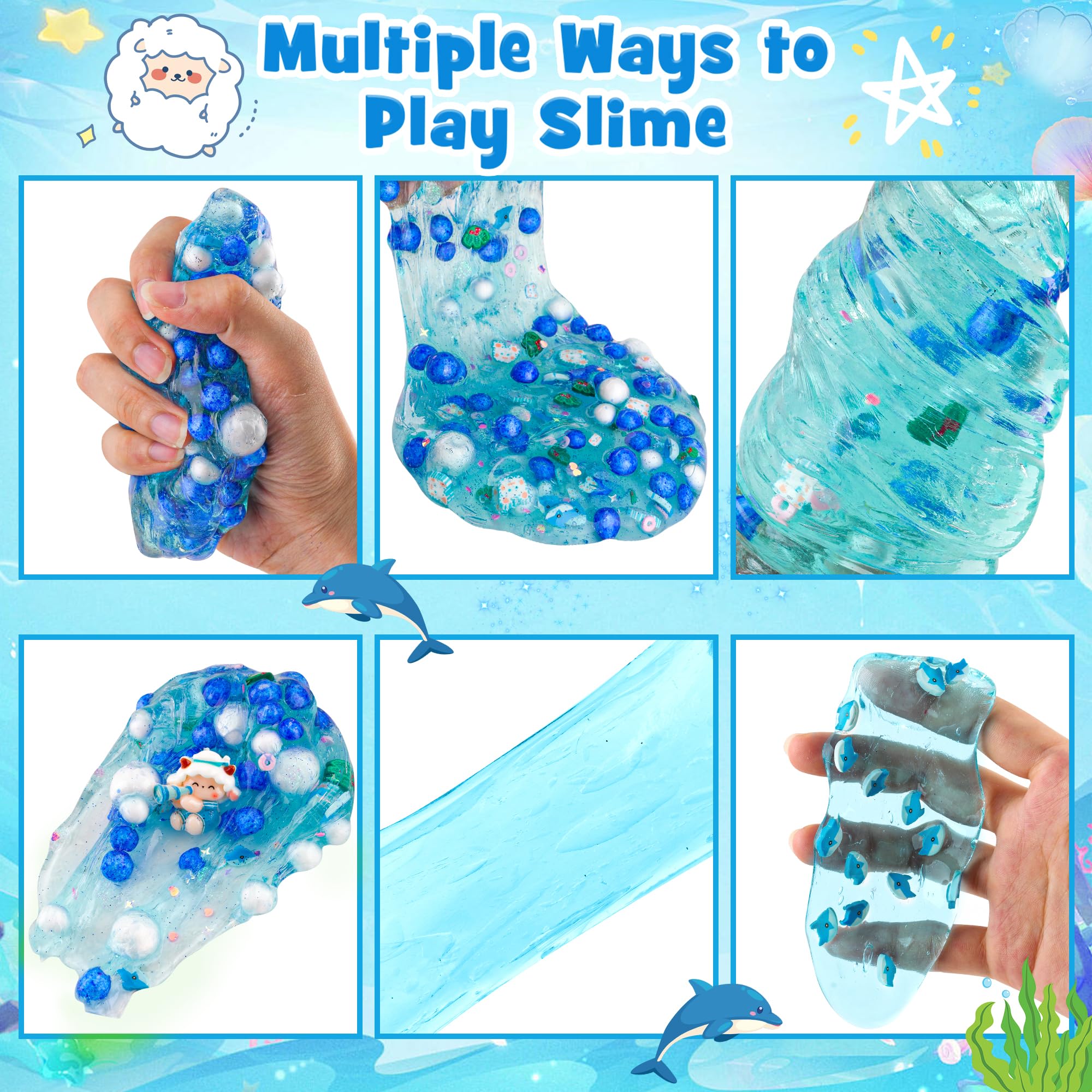 LAWOHO 300ml Ocean Clear Slime Kit with Clay and 11 Add-Ins for Kids