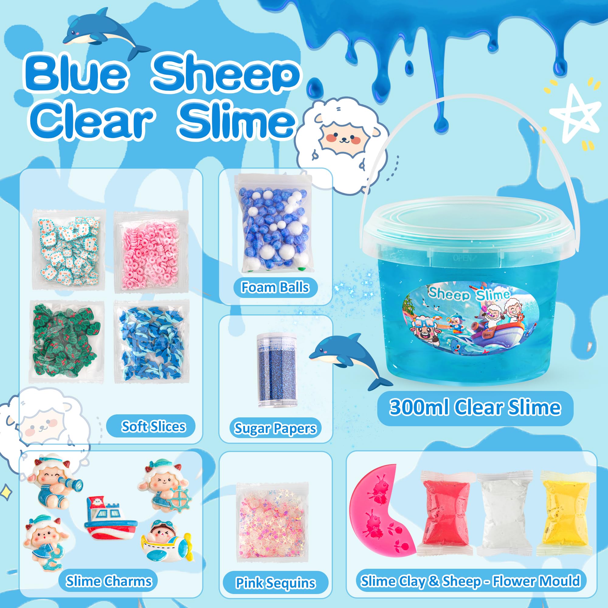 LAWOHO 300ml Ocean Clear Slime Kit with Clay and 11 Add-Ins for Kids