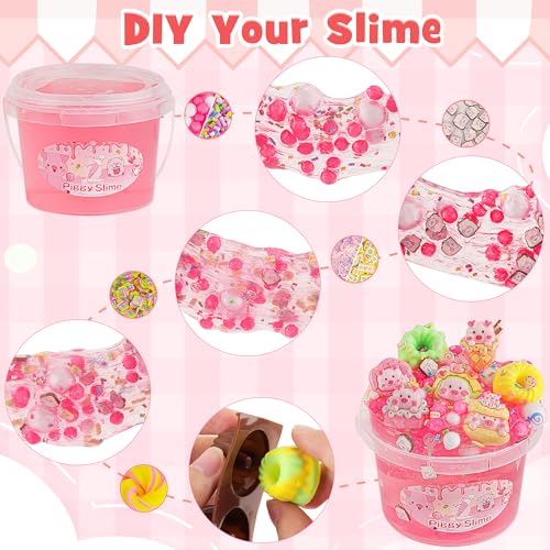 LAWOHO 300ml Piggy Slime Kit with Clay - Red Clear Slime Bucket for Kids with 10 Packs Add-Ins, 5 Charms & Cake Mold - Non-Stick DIY Slime Making Toy for Birthday, Halloween, Christmas, Easter