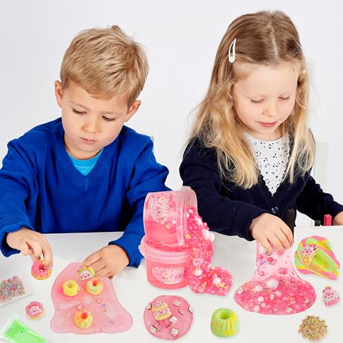 LAWOHO 300ml Piggy Slime Kit with Clay - Red Clear Slime Bucket for Kids with 10 Packs Add-Ins, 5 Charms & Cake Mold - Non-Stick DIY Slime Making Toy for Birthday, Halloween, Christmas, Easter