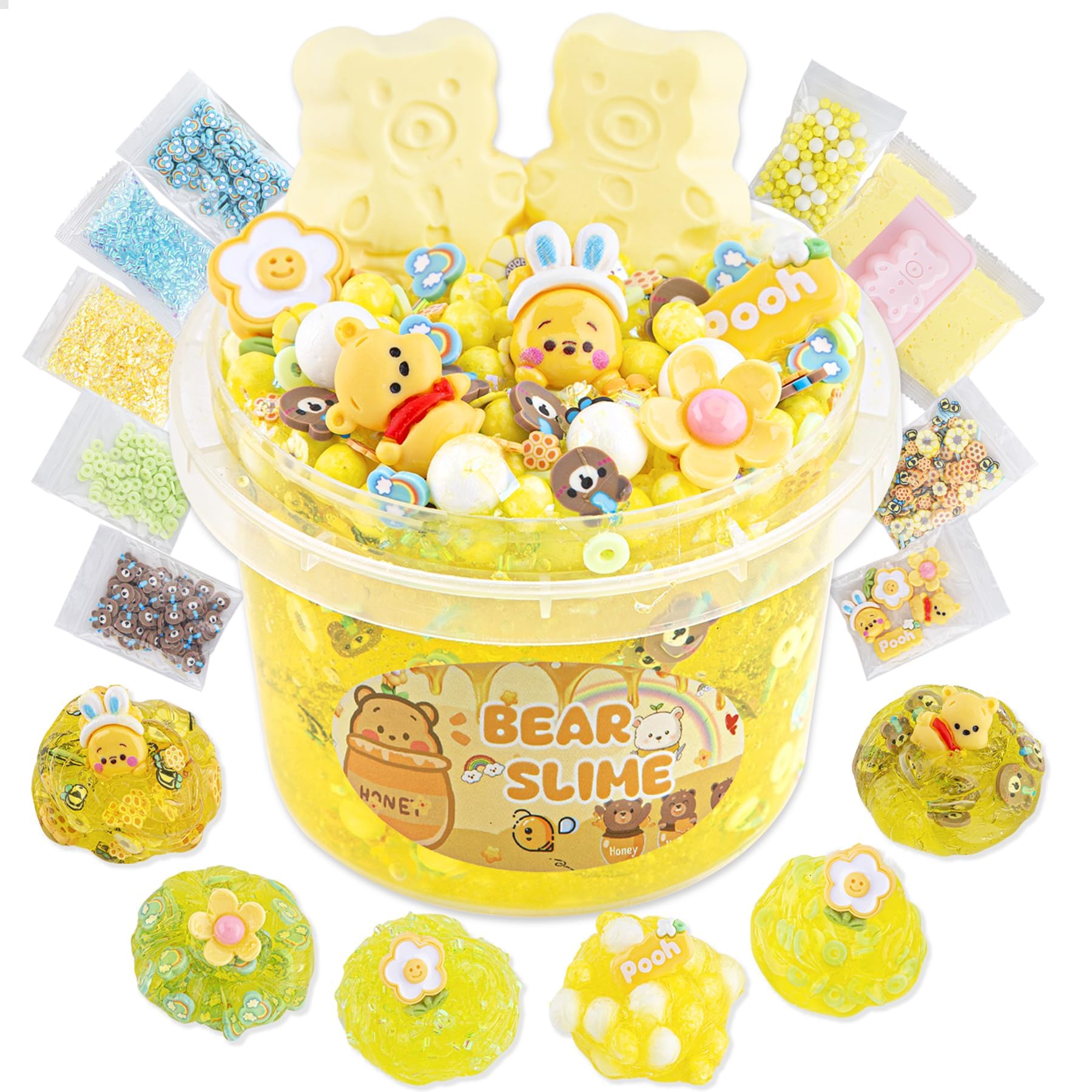 LAWOHO Bear Clear Slime Kit 300ml - Yellow Slime with 9 Add-Ins, Clay & Charms for Kids Ages 8-12