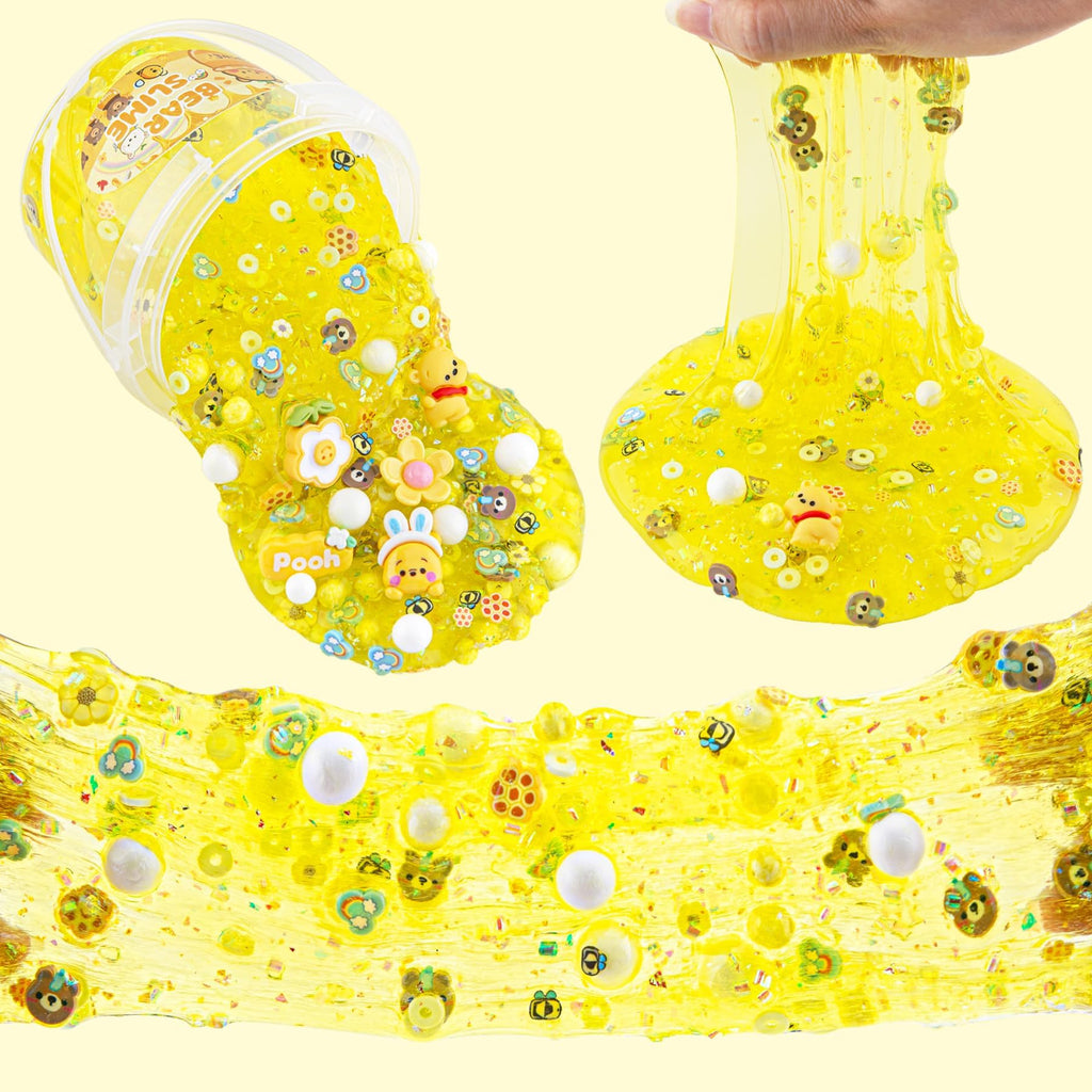 LAWOHO Bear Clear Slime Kit 300ml - Yellow Slime with 9 Add-Ins, Clay & Charms for Kids Ages 8-12