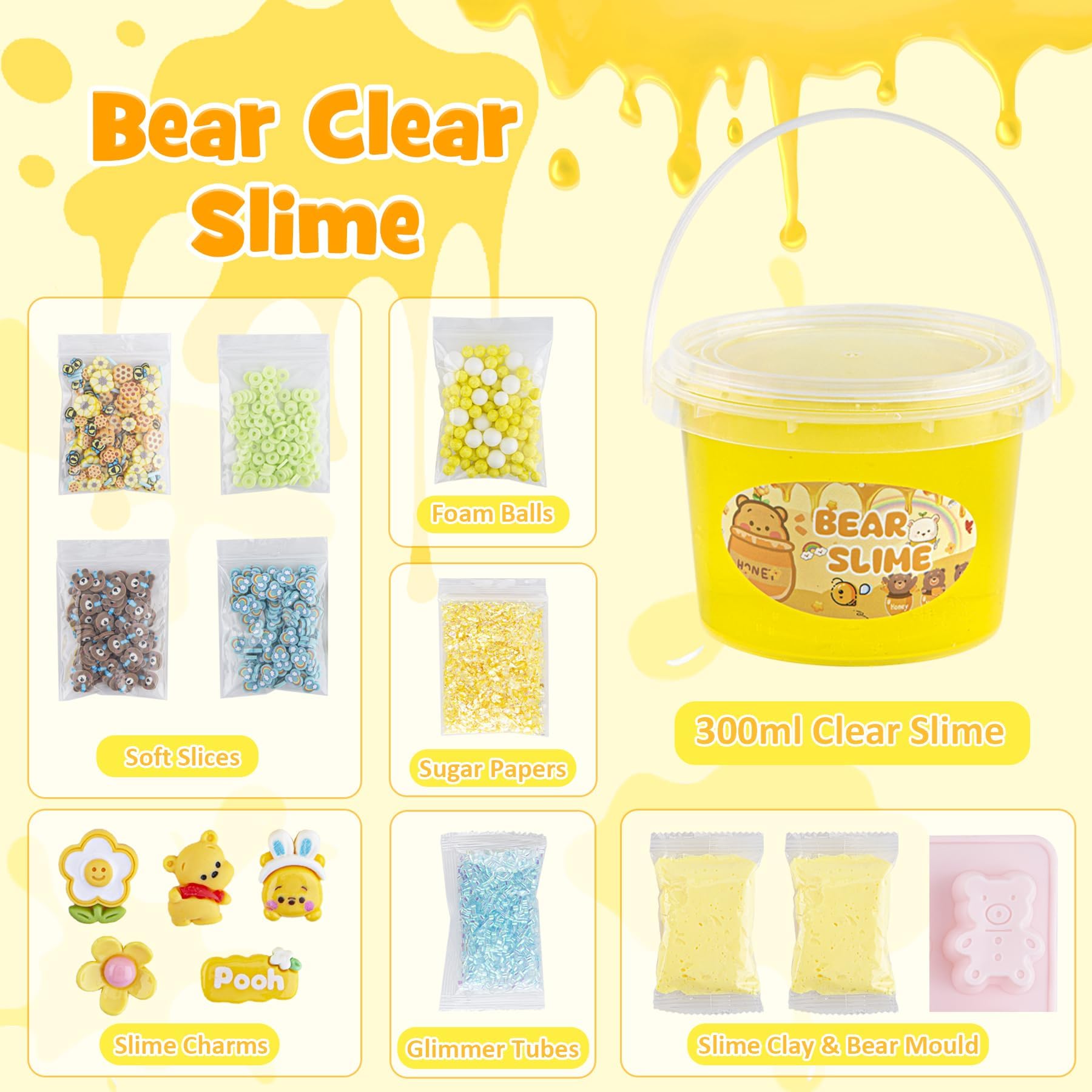LAWOHO Bear Clear Slime Kit 300ml - Yellow Slime with 9 Add-Ins, Clay & Charms for Kids Ages 8-12