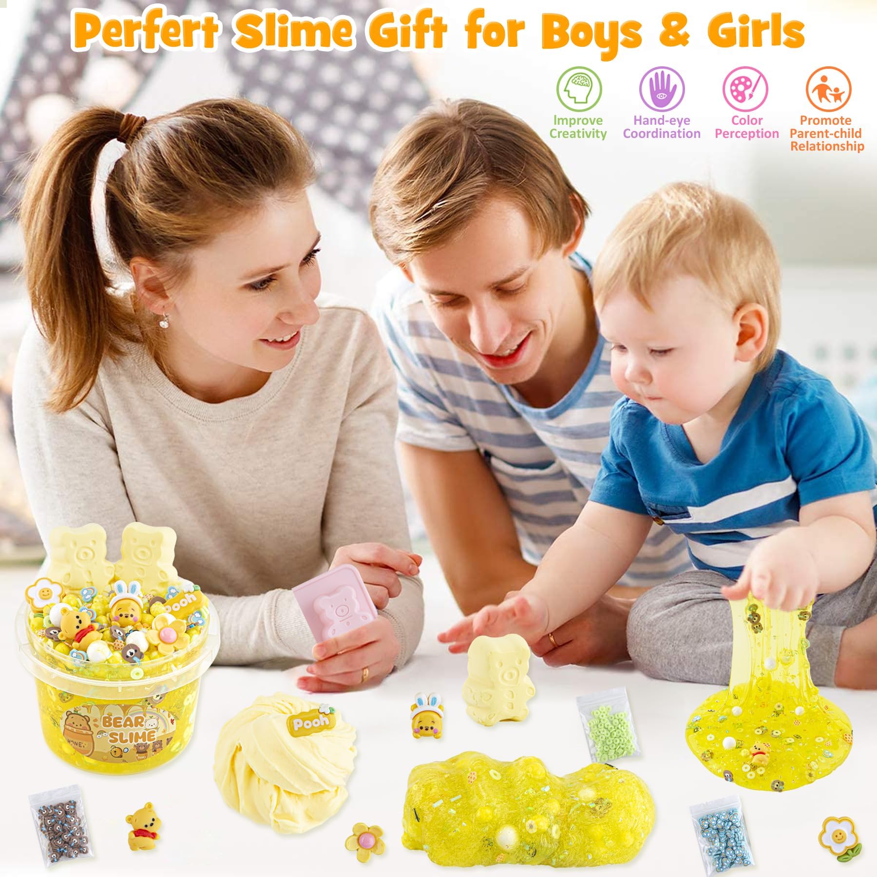 LAWOHO Bear Clear Slime Kit 300ml - Yellow Slime with 9 Add-Ins, Clay & Charms for Kids Ages 8-12