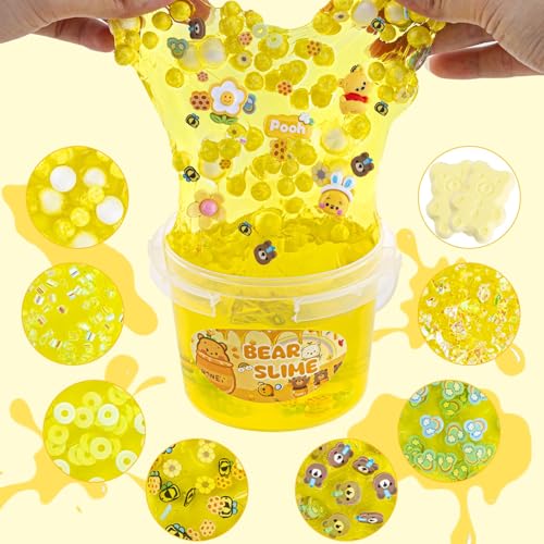 LAWOHO Bear Clear Slime Kit 300ml - Yellow Slime with 9 Add-Ins, Clay & Charms for Kids Ages 8-12