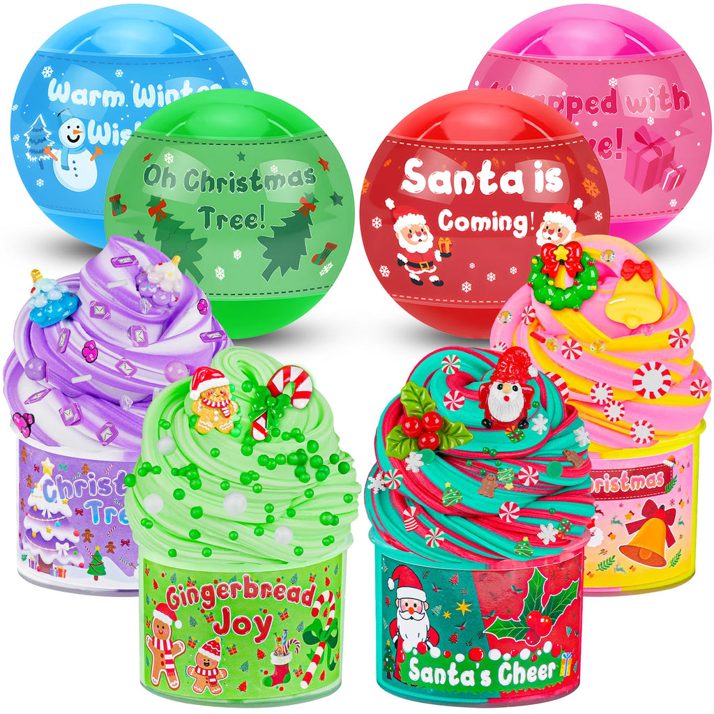LAWOHO Christmas Slime Kit – 4 Pack Butter Slime Balls with Festive Charms, Non-Toxic Stocking Stuffers for Kids Ages 4+