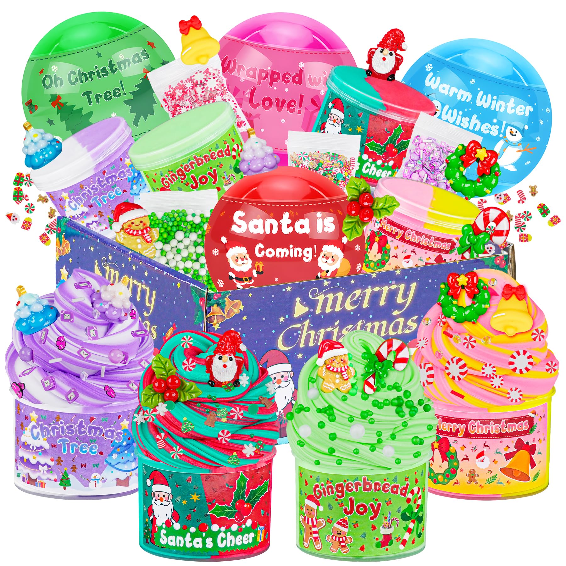 LAWOHO Christmas Slime Kit – 4 Pack Butter Slime Balls with Festive Charms, Non-Toxic Stocking Stuffers for Kids Ages 4+