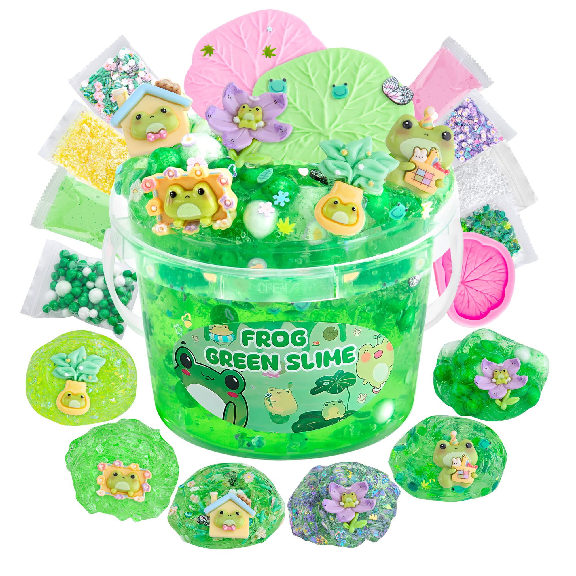LAWOHO Frog Slime Kit – 300ml Green Clear Slime with Clay, Charms & Add-Ins for Kids
