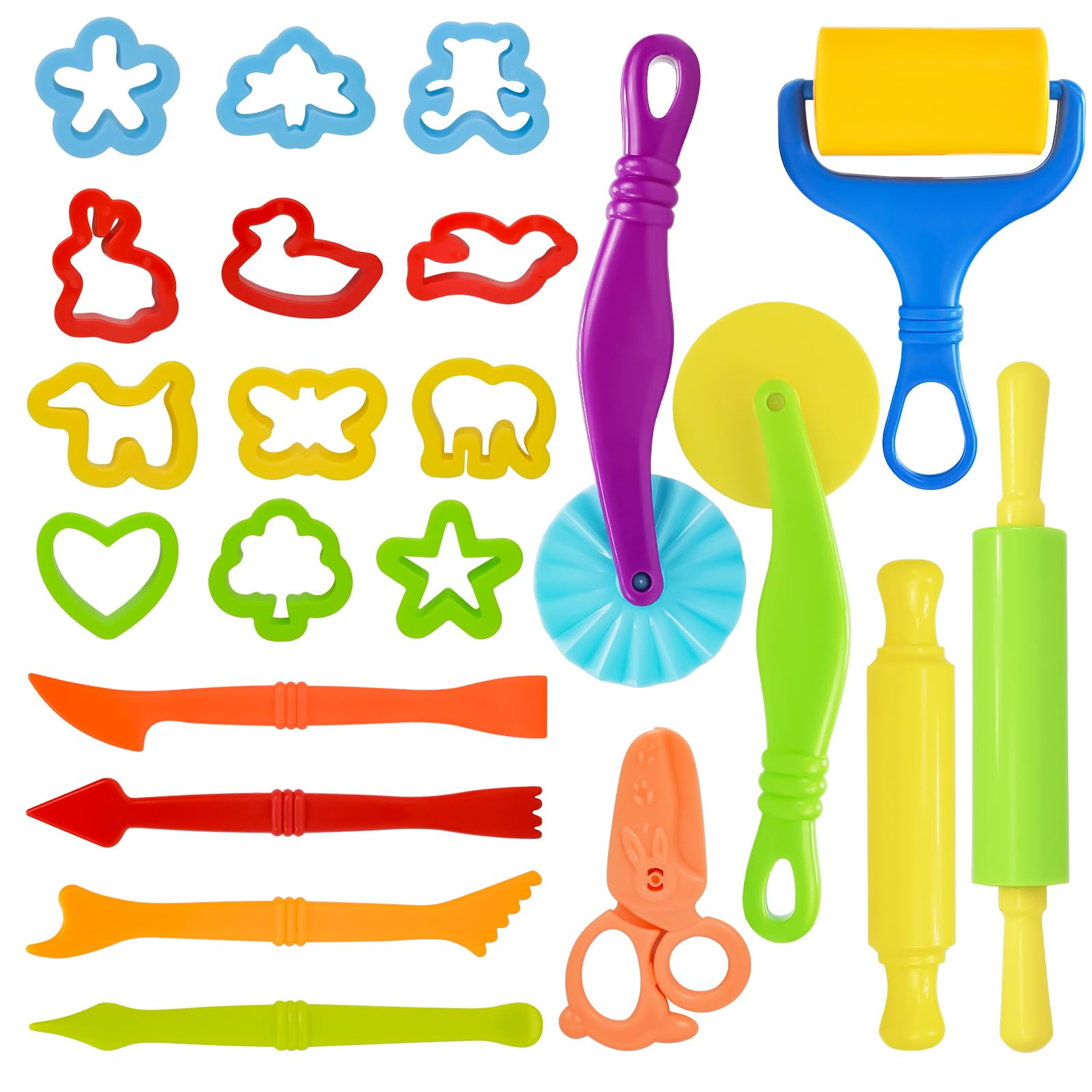 LCY WEDSHI 22-Piece Dough Tool Set for Kids Ages 4-8 with Animal Cutters, Rolling Pins & Safety Scissors