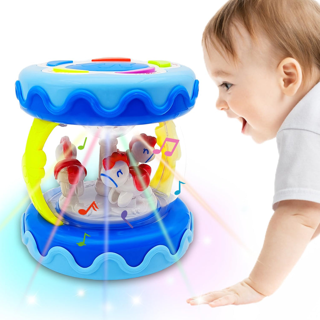 LDRYWW Musical Crawling Toy for Babies 1-3 Years – Blue Carousel Drum with Lights