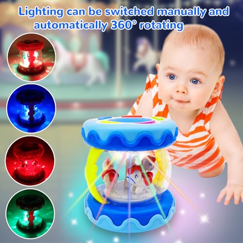 LDRYWW Musical Crawling Toy for Babies 1-3 Years – Blue Carousel Drum with Lights