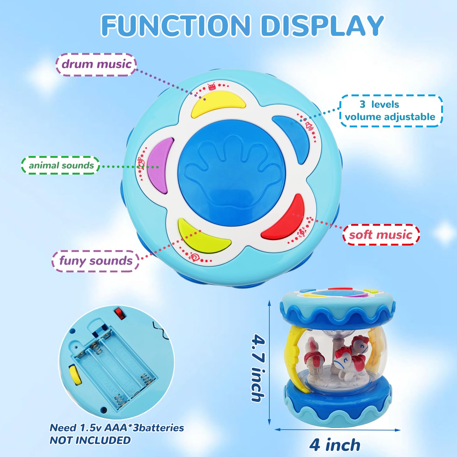 LDRYWW Musical Crawling Toy for Babies 1-3 Years – Blue Carousel Drum with Lights