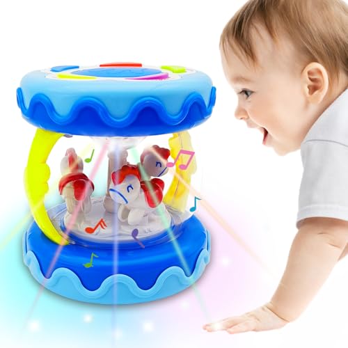 LDRYWW Musical Crawling Toy for Babies 1-3 Years – Blue Carousel Drum with Lights