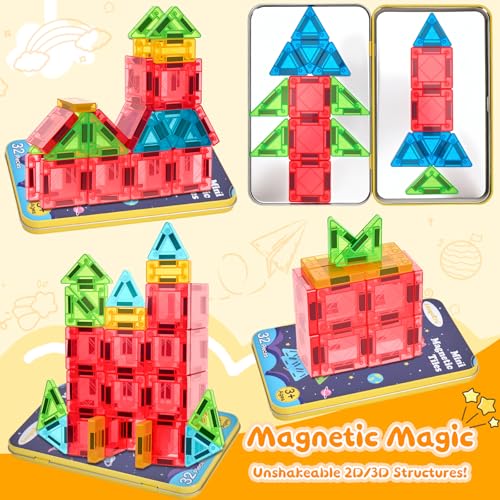LeagoEra 32-Piece Mini Magnetic Tiles Travel Set: Portable Building Toy for Ages 3-12