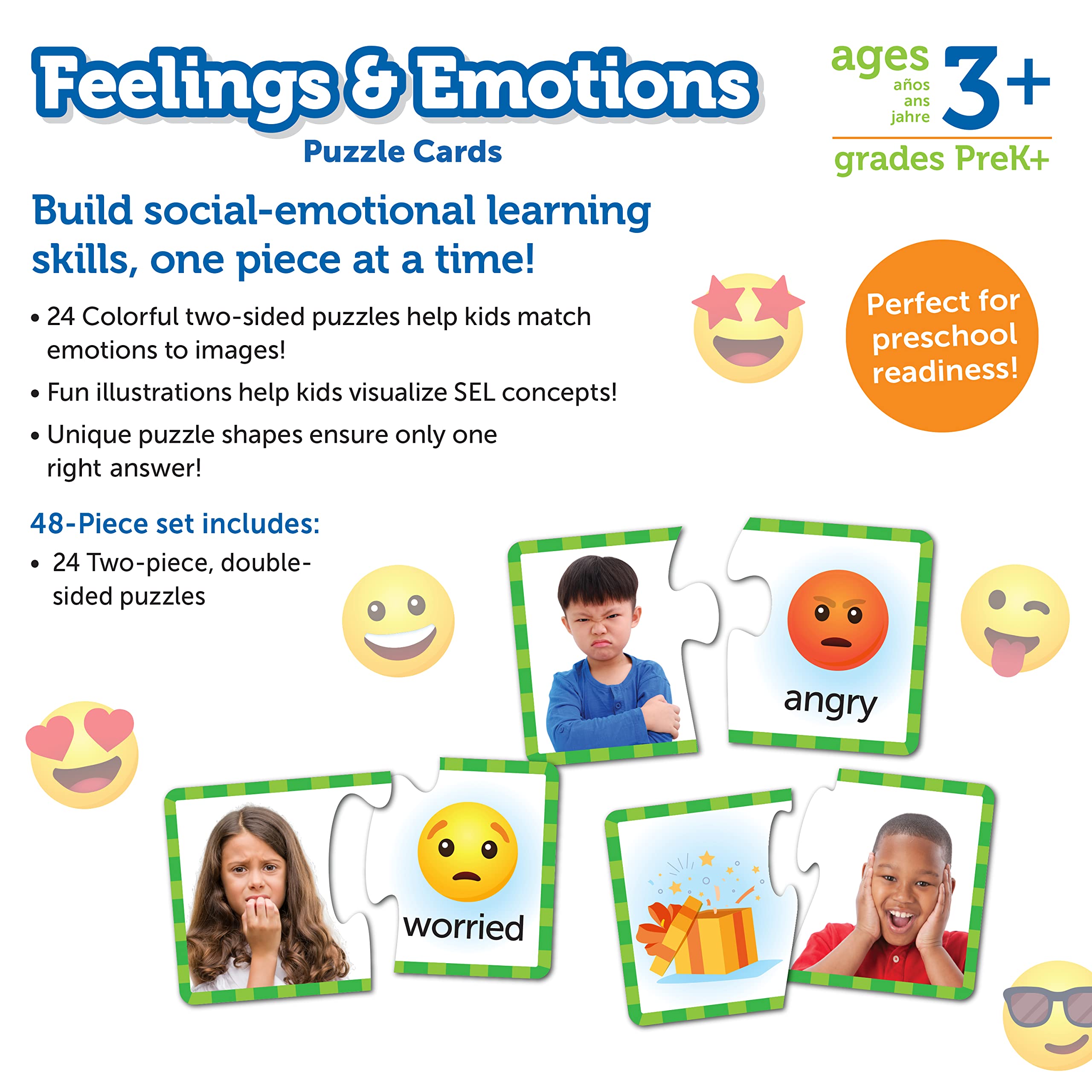 Learning Resources Feelings & Emotions Puzzle Cards - 24 Self-Correcting Puzzles for Social-Emotional Learning, Ages 3+