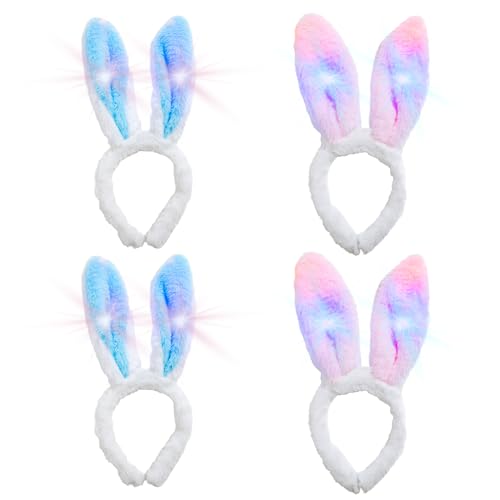 LED Glowing Bunny Ear Headbands for Kids – 4 Pack Light Up Party Headwear with Batteries Included
