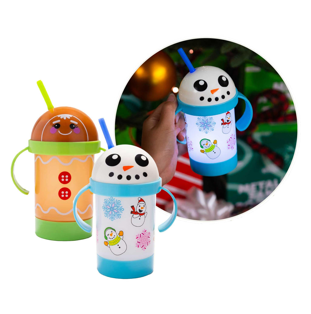 LED Light-Up Sippy Cups Set – Snowman & Gingerbread Man, 8 oz Reusable Party Cups for Kids, BPA-Free with Bendable Straws and Removable Handles