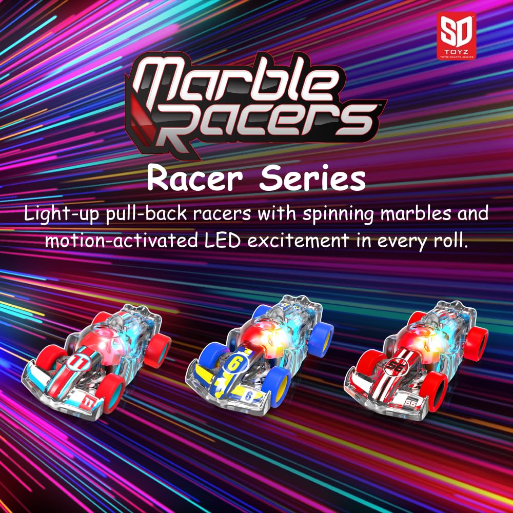 LED Pull Back Race Car for Kids – Friction Powered with Motion-Activated Lights, No Batteries Needed, Ages 3+ (Red/Black Open Wheel)