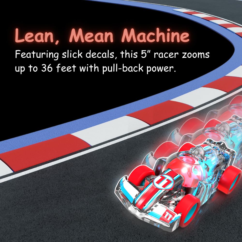 LED Pull Back Race Car for Kids – Friction Powered with Motion-Activated Lights, No Batteries Needed, Ages 3+ (Red/Black Open Wheel)