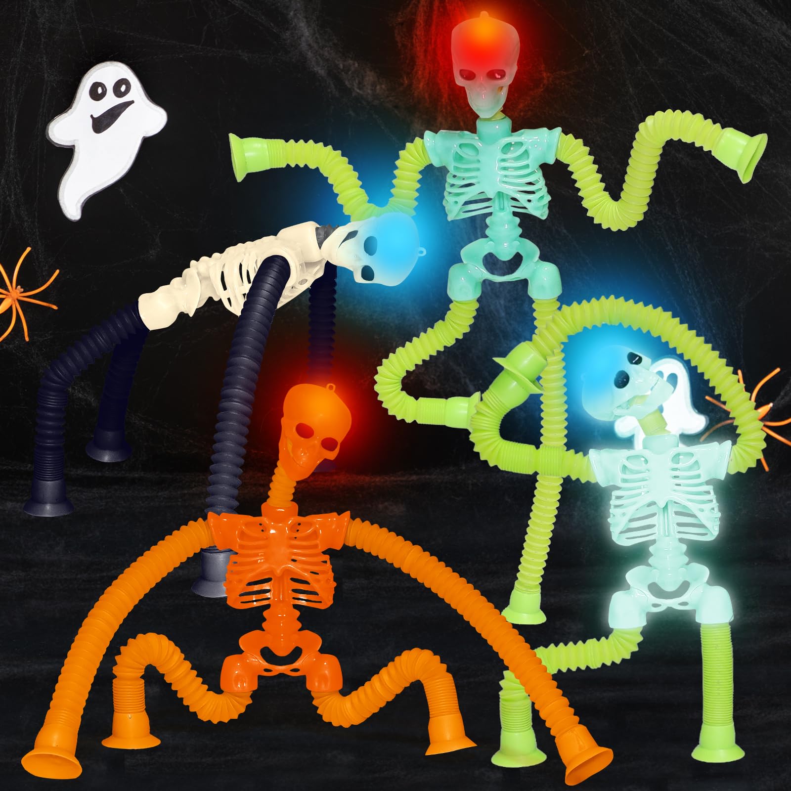 LED Skeleton Pop Tubes - 4 Pack Halloween Fidget Toy with Suction Cups & Light-Up Head | AGRASIV