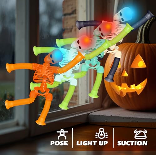 LED Skeleton Pop Tubes - 4 Pack Halloween Fidget Toy with Suction Cups & Light-Up Head | AGRASIV