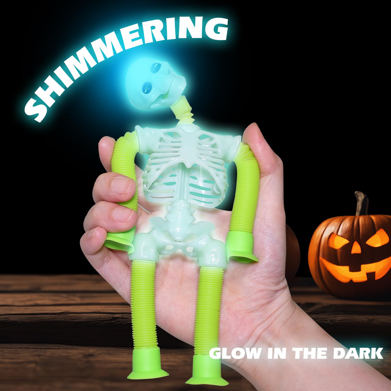 LED Skeleton Pop Tubes - 4 Pack Halloween Fidget Toy with Suction Cups & Light-Up Head | AGRASIV