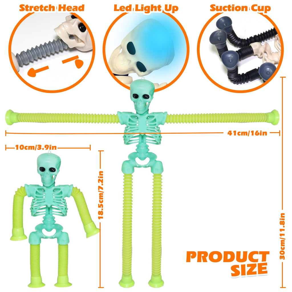 LED Skeleton Pop Tubes - 4 Pack Halloween Fidget Toy with Suction Cups & Light-Up Head | AGRASIV