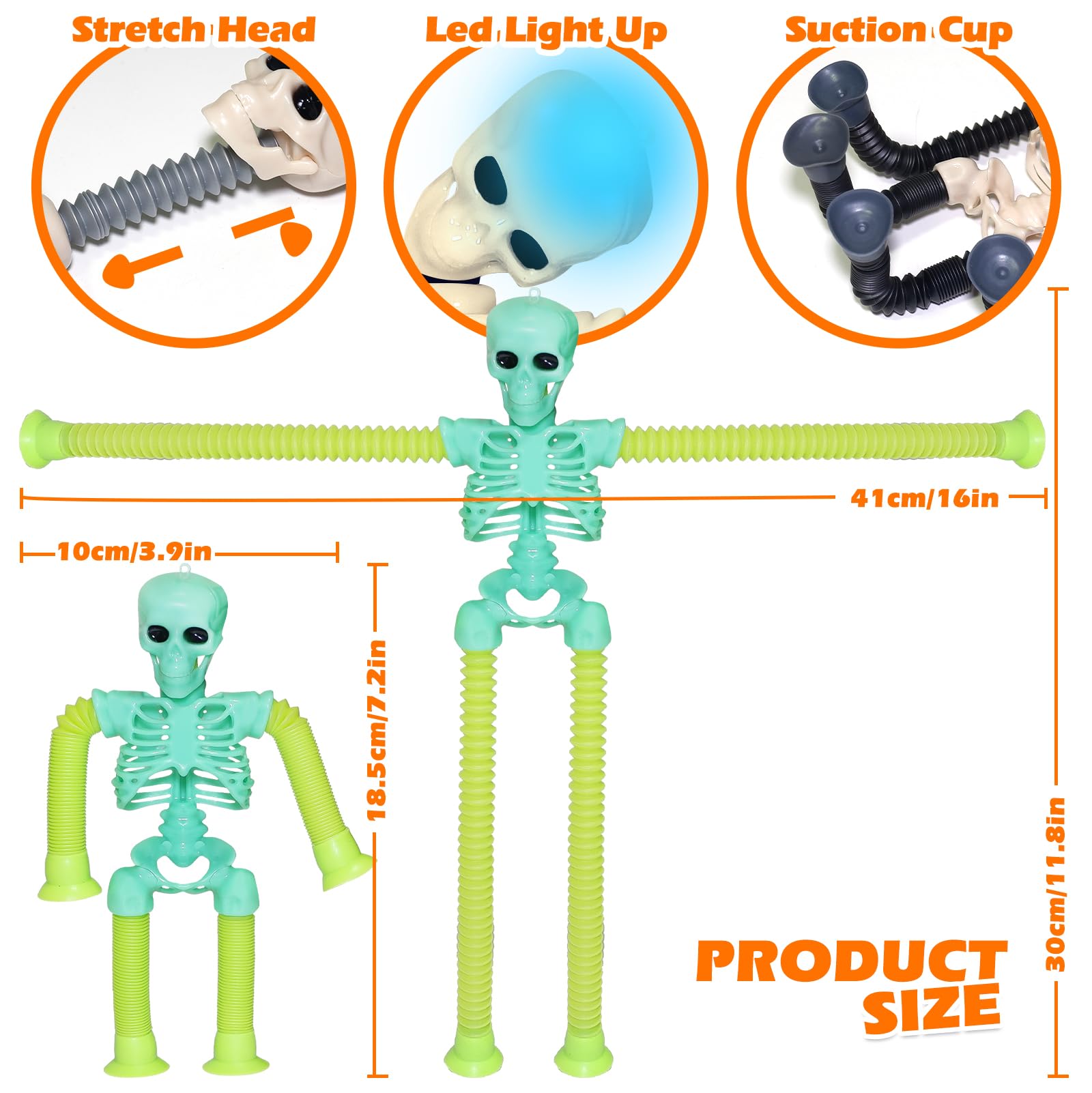 LED Skeleton Pop Tubes - 4 Pack Halloween Fidget Toy with Suction Cups & Light-Up Head | AGRASIV