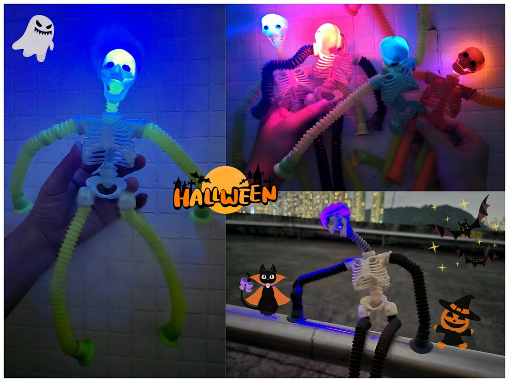 LED Skeleton Pop Tubes - 4 Pack Halloween Fidget Toy with Suction Cups & Light-Up Head | AGRASIV