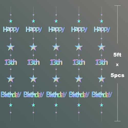 LEEKRETON 13th Birthday Banner – 25 Feet of Iridescent Holographic Star Garland, Pre-Strung